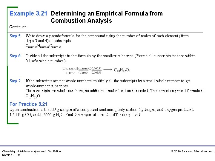 Example 3. 21 Determining an Empirical Formula from Combustion Analysis Continued Step 5 Write