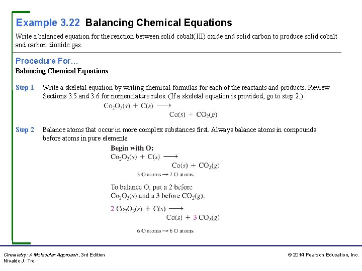 Example 3. 22 Balancing Chemical Equations Write a balanced equation for the reaction between