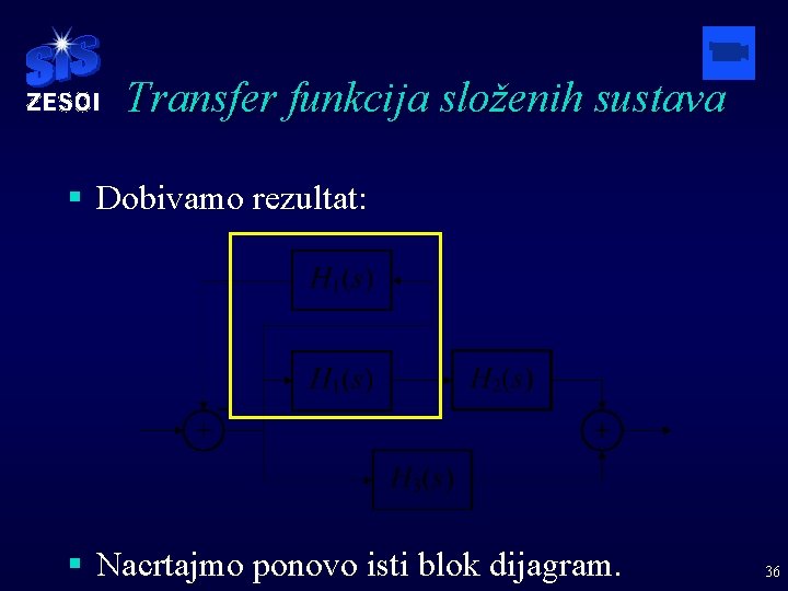 Transfer funkcija složenih sustava § Dobivamo rezultat: § Nacrtajmo ponovo isti blok dijagram. 36