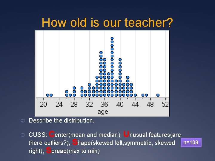 How old is our teacher? Ü Describe the distribution. Center(mean and median), Unusual features(are