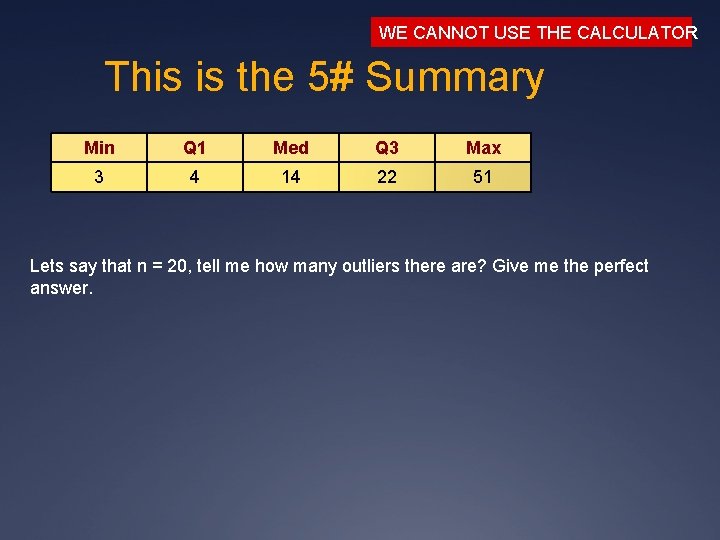 WE CANNOT USE THE CALCULATOR This is the 5# Summary Min Q 1 Med