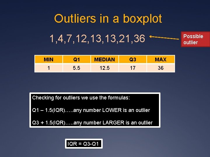 Outliers in a boxplot 1, 4, 7, 12, 13, 21, 36 Possible outlier MIN