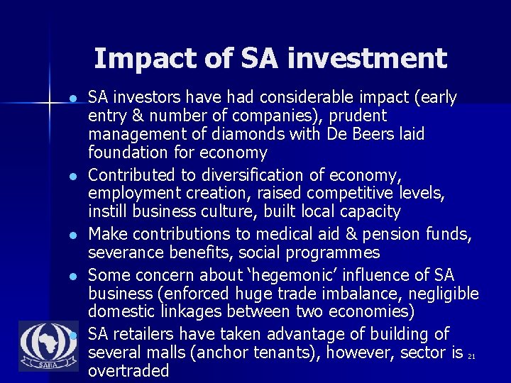 Impact of SA investment l l l SA investors have had considerable impact (early