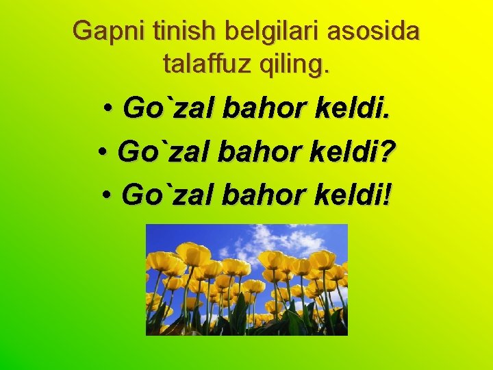 Gapni tinish belgilari asosida talaffuz qiling. • Go`zal bahor keldi? • Go`zal bahor keldi!