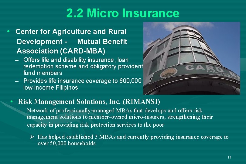 2. 2 Micro Insurance • Center for Agriculture and Rural Development - Mutual Benefit