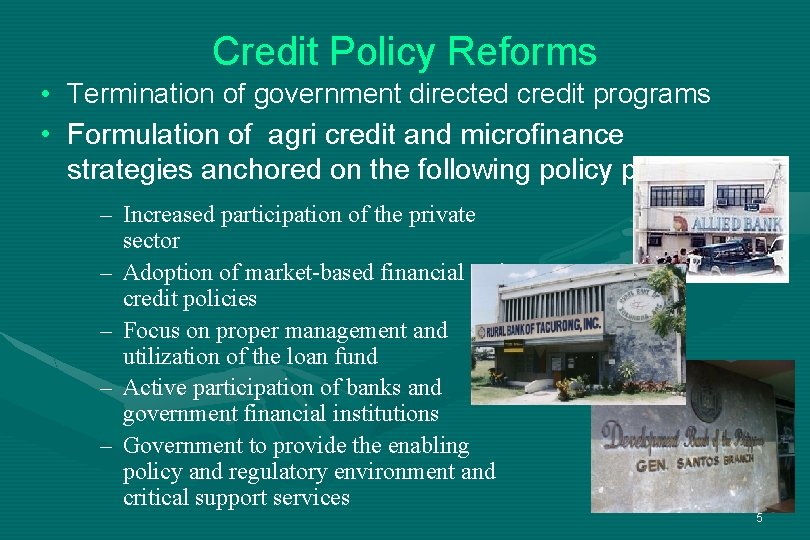 Credit Policy Reforms • Termination of government directed credit programs • Formulation of agri