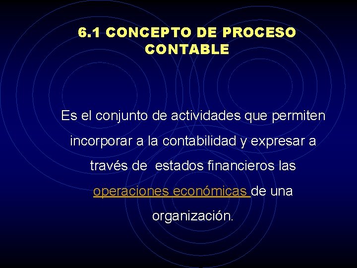 6. 1 CONCEPTO DE PROCESO CONTABLE Es el conjunto de actividades que permiten incorporar