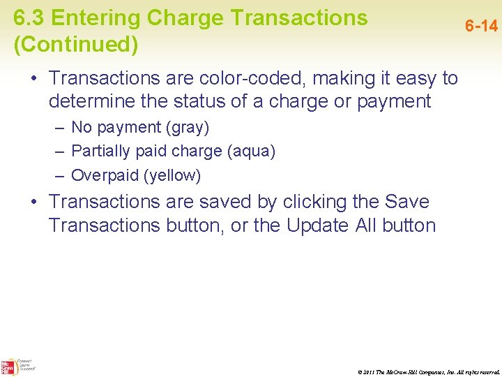 6. 3 Entering Charge Transactions (Continued) 6 -14 • Transactions are color-coded, making it