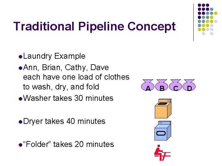 Traditional Pipeline Concept l Laundry Example l Ann, Brian, Cathy, Dave each have one