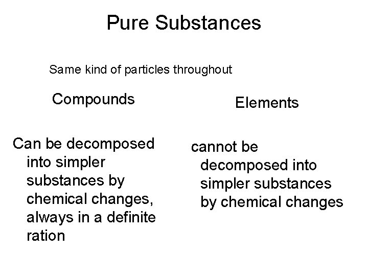 Pure Substances Same kind of particles throughout Compounds Can be decomposed into simpler substances