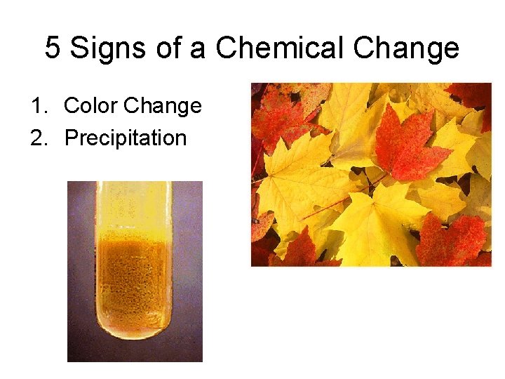 5 Signs of a Chemical Change 1. Color Change 2. Precipitation 