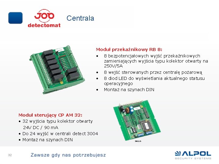 Centrala Moduł przekaźnikowy RB 8: • 8 bezpotencjałowych wyjść przekaźnikowych zamieniających wyjścia typu kolektor