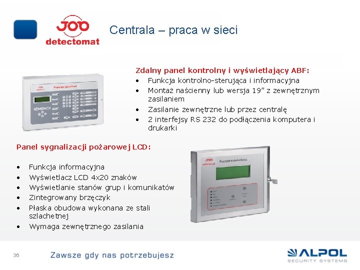 Centrala – praca w sieci Zdalny panel kontrolny i wyświetlający ABF: • Funkcja kontrolno-sterująca