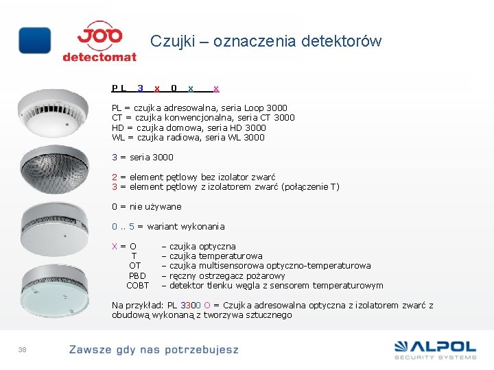 Czujki – oznaczenia detektorów PL 3 x 0 x x PL = czujka adresowalna,