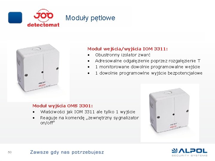 Moduły pętlowe Moduł wejścia/wyjścia IOM 3311: • Obustronny izolator zwarć • Adresowalne odgałęzienie poprzez