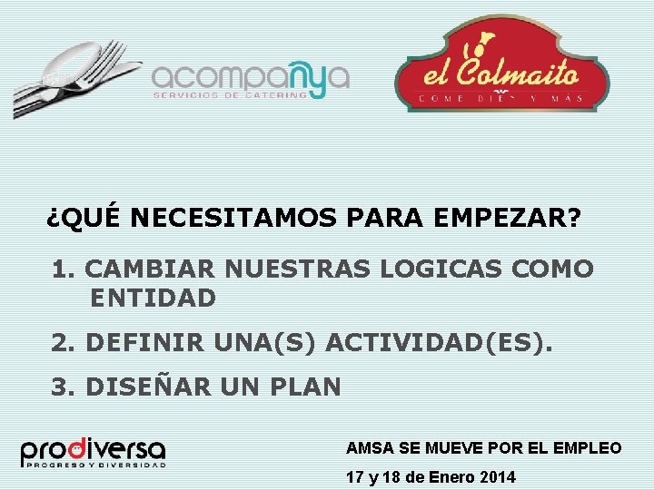 ¿QUÉ NECESITAMOS PARA EMPEZAR? 1. CAMBIAR NUESTRAS LOGICAS COMO ENTIDAD 2. DEFINIR UNA(S) ACTIVIDAD(ES).