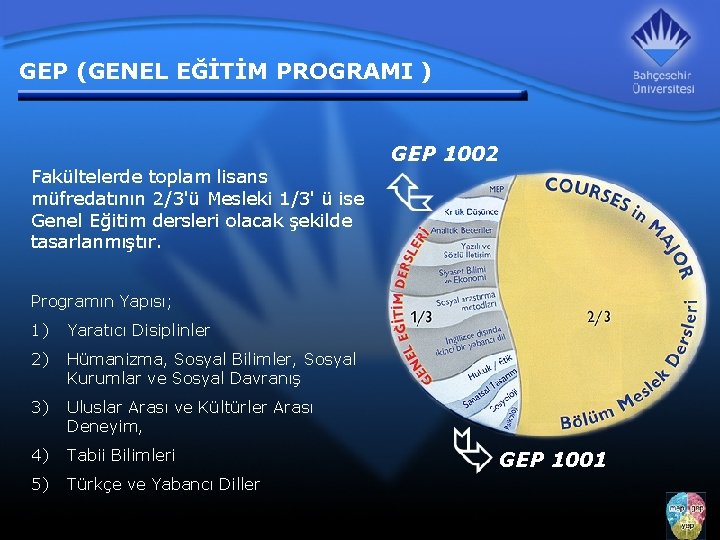 GEP (GENEL EĞİTİM PROGRAMI ) Fakültelerde toplam lisans müfredatının 2/3'ü Mesleki 1/3' ü ise