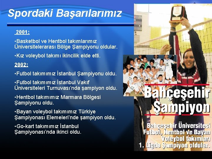 Spordaki Başarılarımız 2001: • Basketbol ve Hentbol takımlarımız Üniversitelerarası Bölge Şampiyonu oldular. • Kız