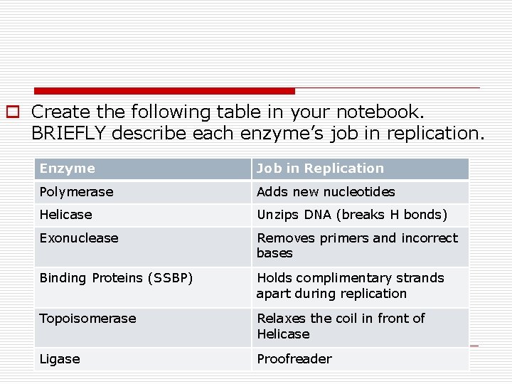 o Create the following table in your notebook. BRIEFLY describe each enzyme’s job in o Create the following table in your notebook. BRIEFLY describe each enzyme’s job in
