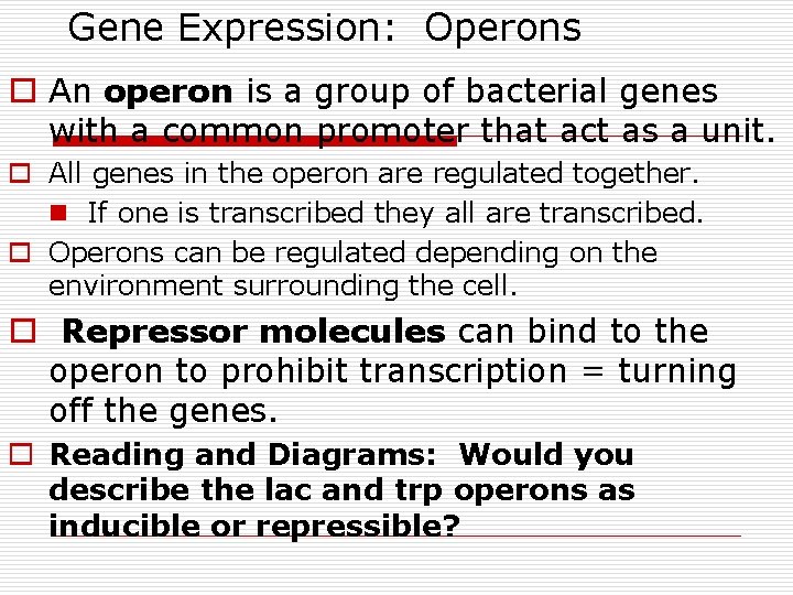 Gene Expression: Operons o An operon is a group of bacterial genes with a Gene Expression: Operons o An operon is a group of bacterial genes with a