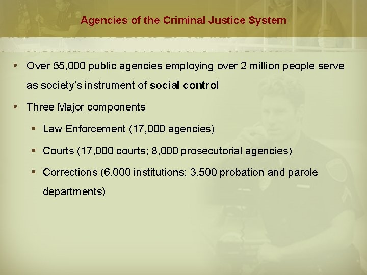 Agencies of the Criminal Justice System Over 55, 000 public agencies employing over 2