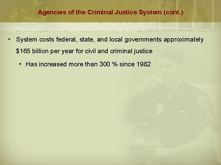 Agencies of the Criminal Justice System (cont. ) System costs federal, state, and local