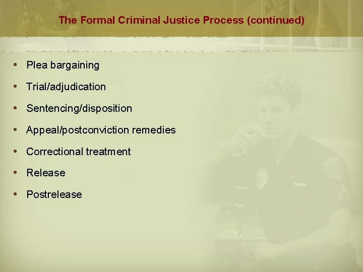 The Formal Criminal Justice Process (continued) Plea bargaining Trial/adjudication Sentencing/disposition Appeal/postconviction remedies Correctional treatment