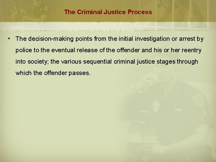 The Criminal Justice Process The decision-making points from the initial investigation or arrest by