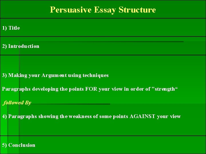 Persuasive Essay Structure 1) Title 2) Introduction 3) Making your Argument using techniques Paragraphs