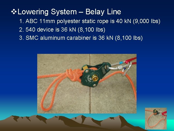 v. Lowering System – Belay Line 1. ABC 11 mm polyester static rope is