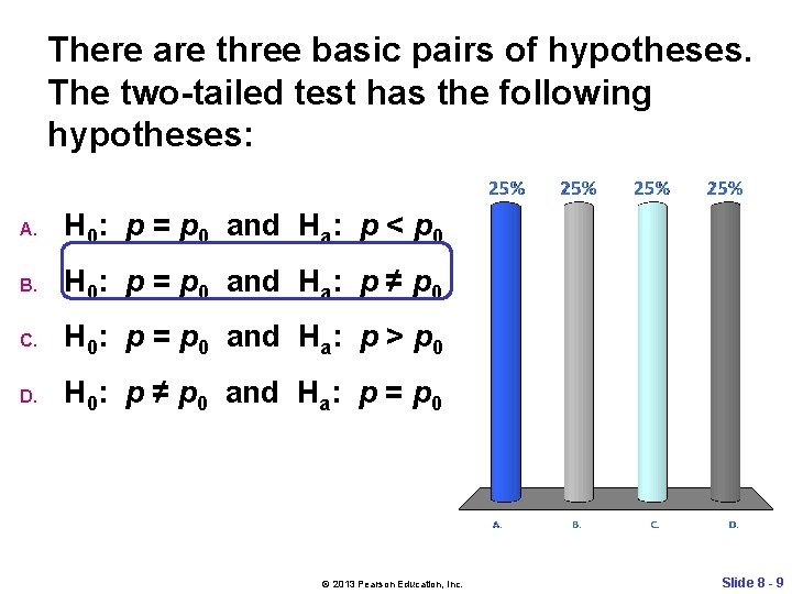 There are three basic pairs of hypotheses. The two-tailed test has the following hypotheses: