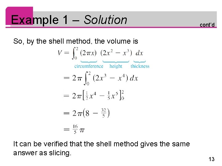 Example 1 – Solution cont’d So, by the shell method, the volume is It
