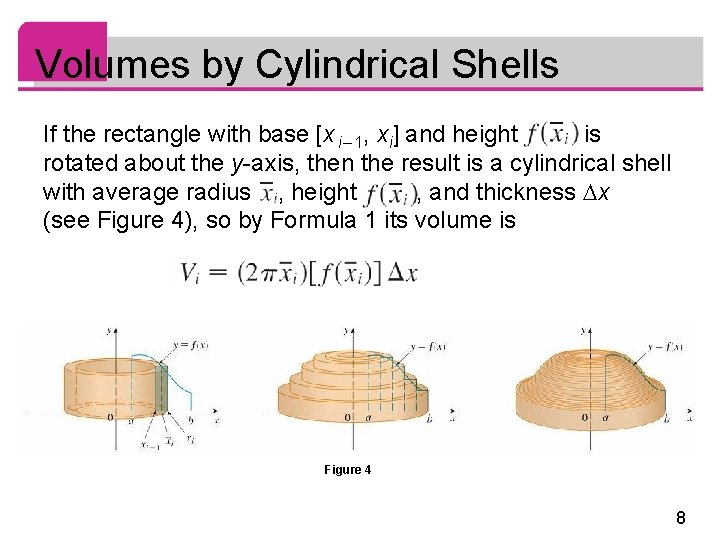 Volumes by Cylindrical Shells If the rectangle with base [x i – 1, xi]