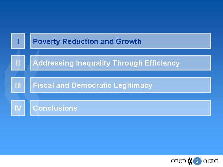 I Poverty Reduction and Growth II Addressing Inequality Through Efficiency III Fiscal and Democratic