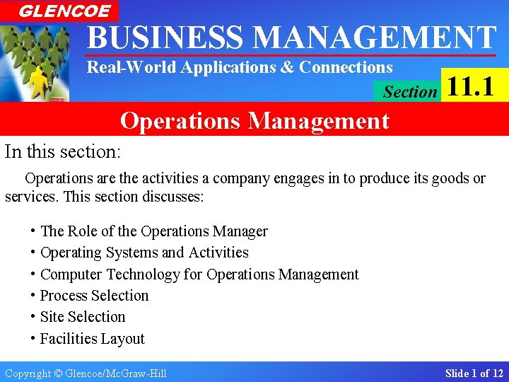 GLENCOE BUSINESS MANAGEMENT Real-World Applications & Connections Section 11. 1 Operations Management In this