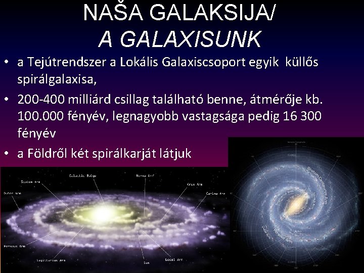 NAŠA GALAKSIJA/ A GALAXISUNK • a Tejútrendszer a Lokális Galaxiscsoport egyik küllős spirálgalaxisa, •