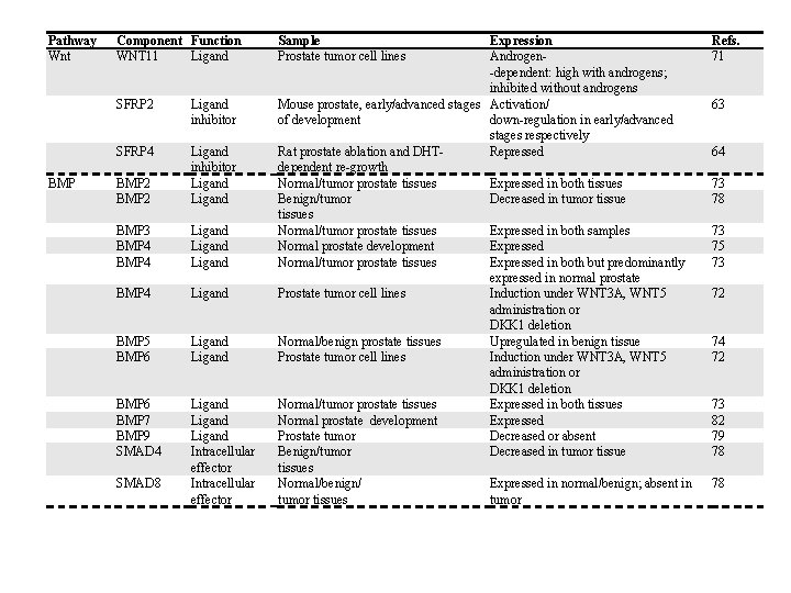 Pathway Wnt BMP Component Function WNT 11 Ligand SFRP 2 Ligand inhibitor SFRP 4