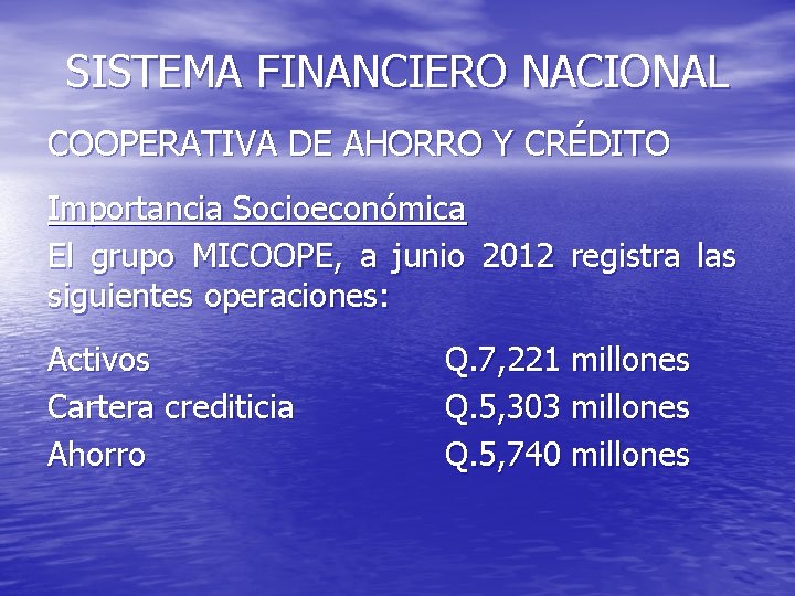 SISTEMA FINANCIERO NACIONAL COOPERATIVA DE AHORRO Y CRÉDITO Importancia Socioeconómica El grupo MICOOPE, a
