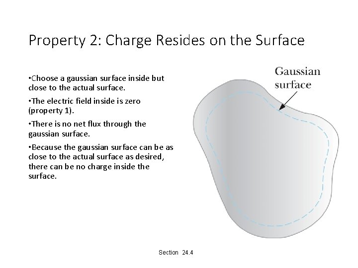 Property 2: Charge Resides on the Surface • Choose a gaussian surface inside but