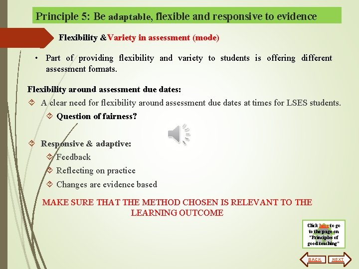 Principle 5: Be adaptable, flexible and responsive to evidence Flexibility &Variety in assessment (mode)