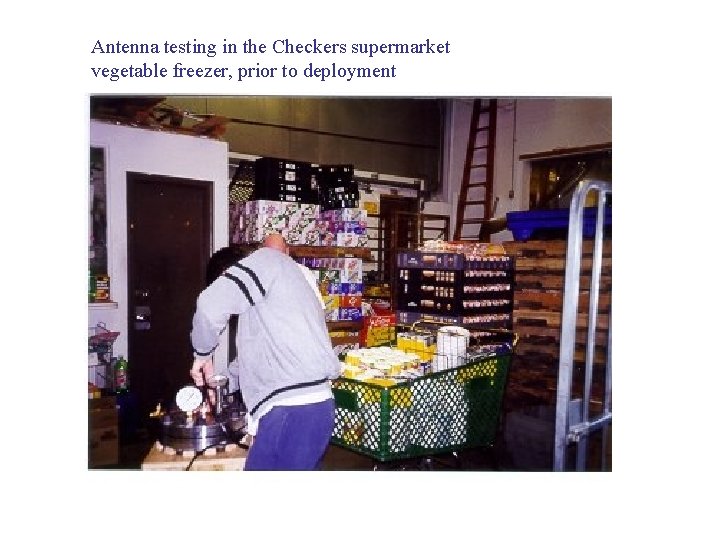 Antenna testing in the Checkers supermarket vegetable freezer, prior to deployment 