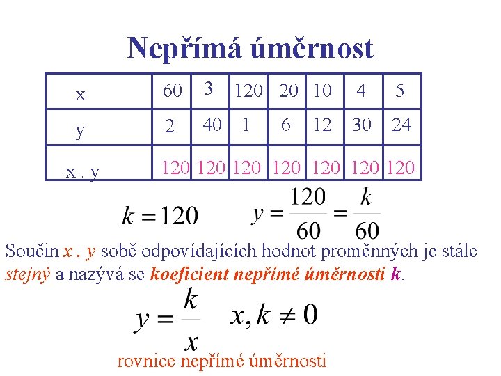 Nepřímá úměrnost x 60 3 y 2 40 x. y 120 20 10 1