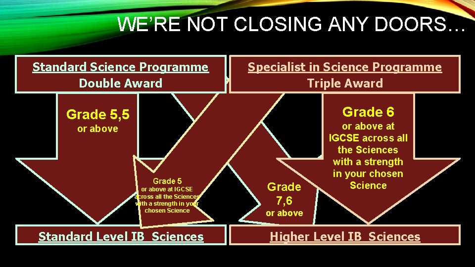 WE’RE NOT CLOSING ANY DOORS… Standard Science Programme Double Award Specialist in Science Programme