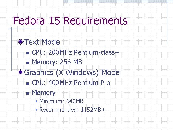 Fedora 15 Requirements Text Mode n n CPU: 200 MHz Pentium-class+ Memory: 256 MB