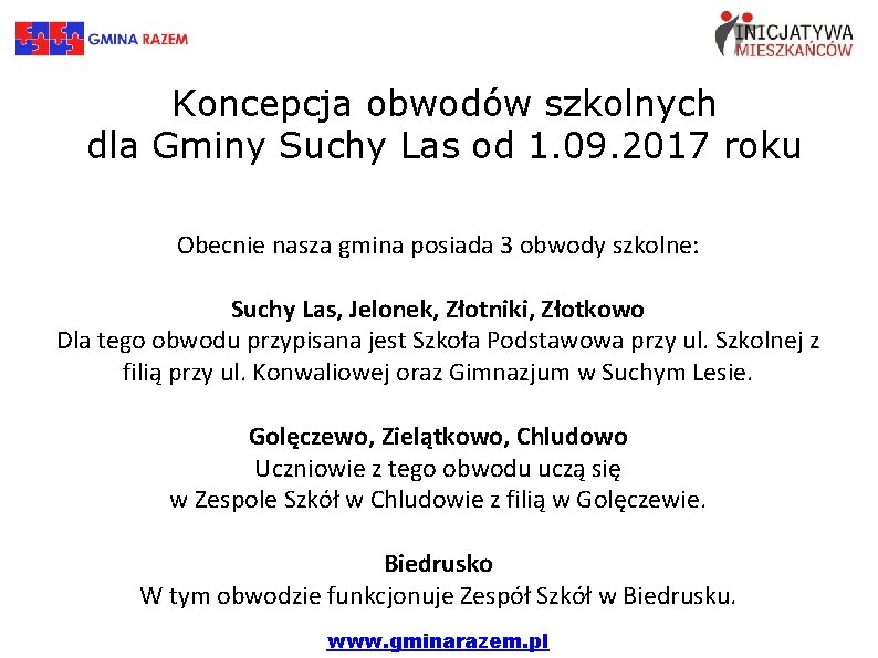 Koncepcja obwodów szkolnych dla Gminy Suchy Las od 1. 09. 2017 roku Obecnie nasza