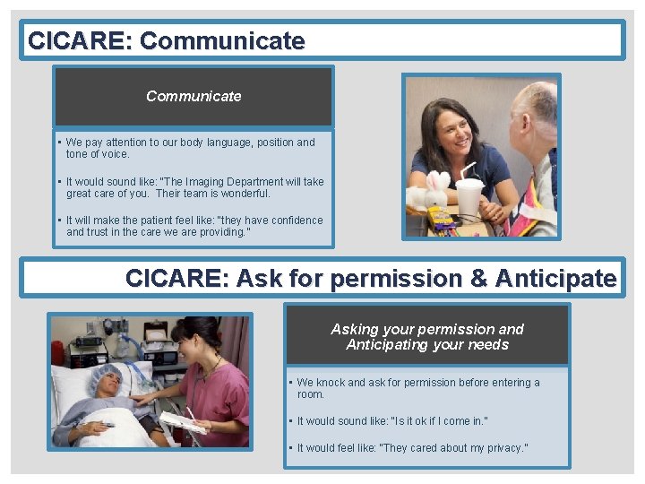 CICARE: Communicate • We pay attention to our body language, position and tone of