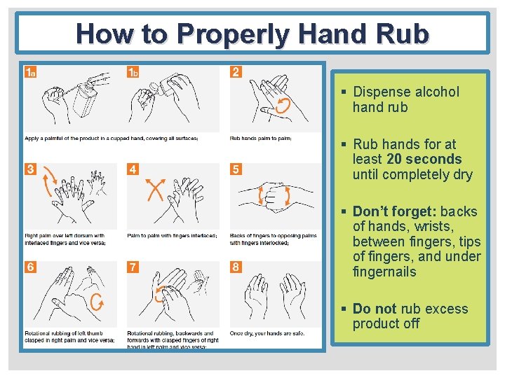 How to Properly Hand Rub § Dispense alcohol hand rub § Rub hands for