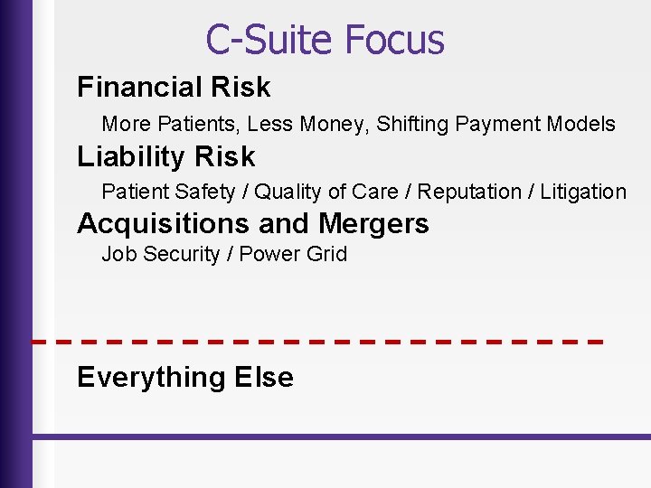 C-Suite Focus Financial Risk More Patients, Less Money, Shifting Payment Models Liability Risk Patient