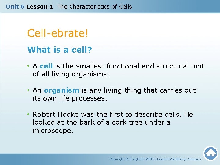 Unit 6 Lesson 1 The Characteristics of Cells Cell-ebrate! What is a cell? •
