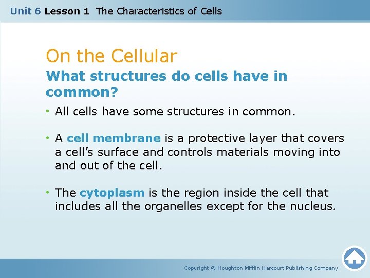 Unit 6 Lesson 1 The Characteristics of Cells On the Cellular What structures do